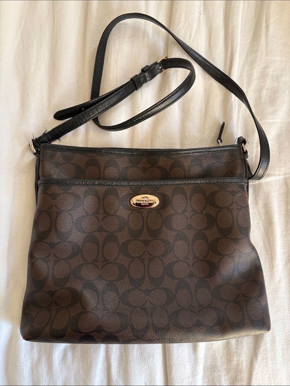 Coach Brown & Black Signature Crossbody with Gold Plaque